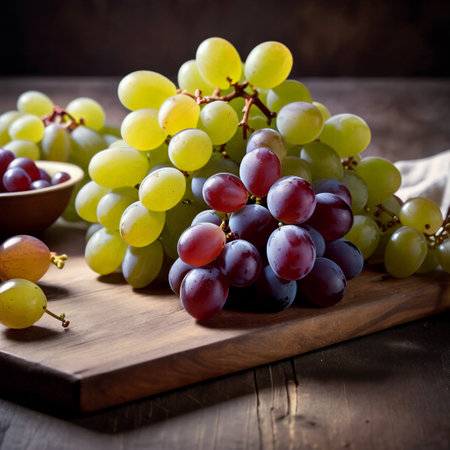 Ripe grapes on a wooden table. Dark rustic style.の素材