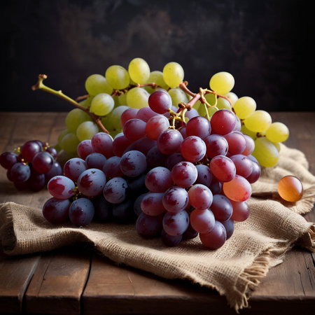 Ripe grapes on a wooden table. Dark rustic style.の素材