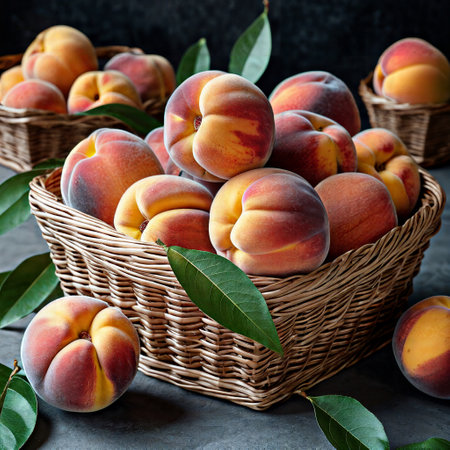 Fresh peaches in a basket on a dark background. Selective focus.の素材