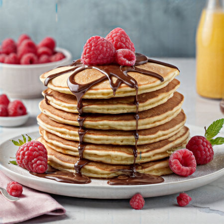 Stack of homemade pancakes with fresh raspberries and chocolate syrup, squareの素材