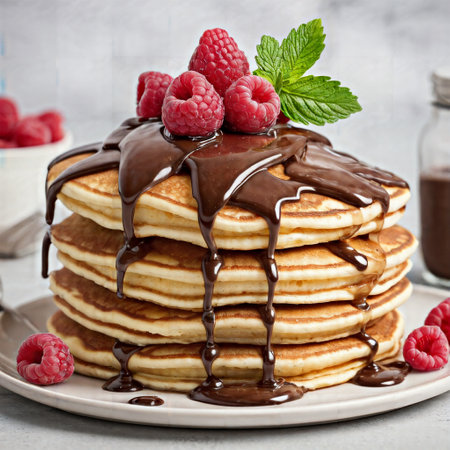 Stack of pancakes with raspberries and chocolate syrup on a white plateの素材
