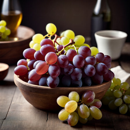Bowl of grapes and bottle of wine on wooden table, selective focusの素材