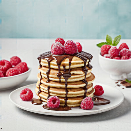 Pancakes with raspberries and chocolate on a white background. Selective focus.の素材