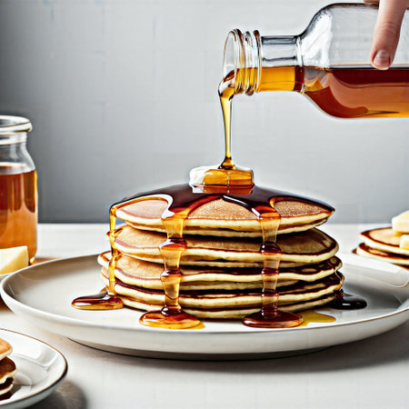 Pouring maple syrup on a stack of pancakes. Shallow dof.の素材