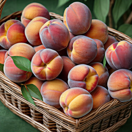 Ripe peaches in a wicker basket on a green backgroundの素材