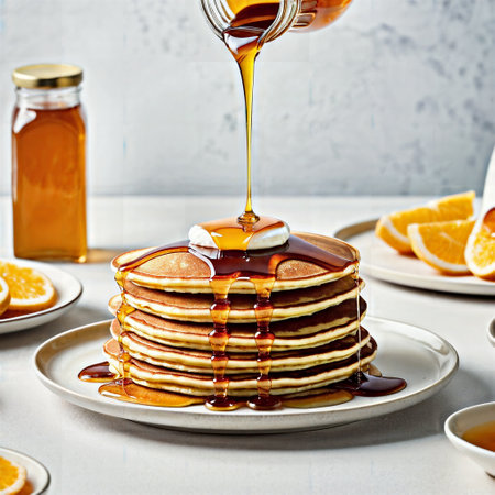 Pancakes with honey and orange on a light background. toning. selective focusの素材