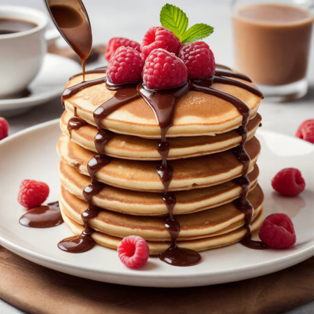 Stack of pancakes with fresh raspberries and chocolate syrup on white plateの素材