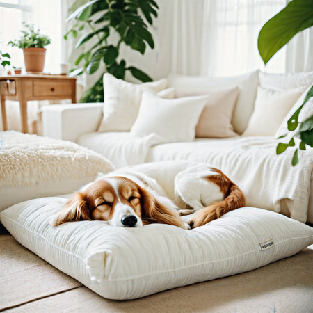 Cute dog lying on a pillow in the living room at homeの素材