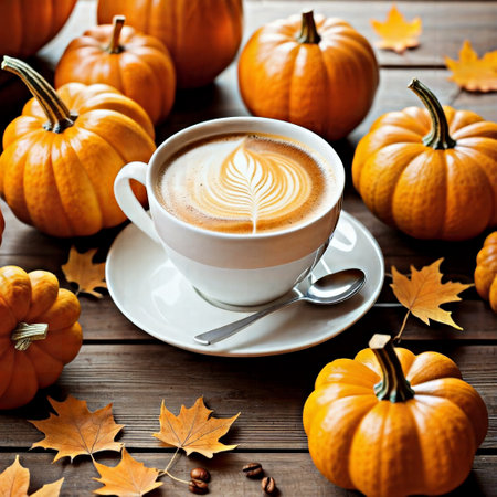 cup of coffee with pumpkins and autumn leaves on a wooden backgroundの素材