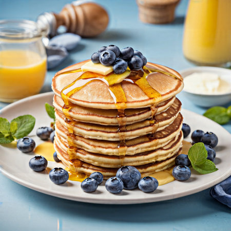 Pancakes with honey and blueberries on a blue background.の素材