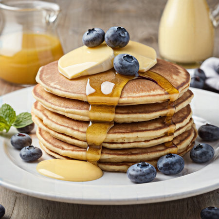 Pancakes with blueberries, honey and maple syrup on wooden backgroundの素材