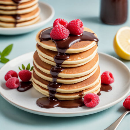 Stack of pancakes with fresh raspberries and chocolate syrup, squareの素材