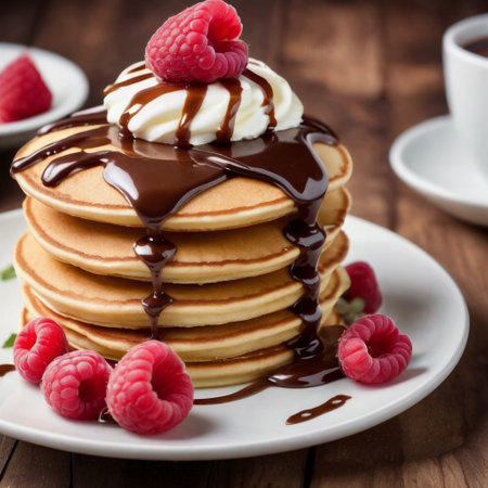 Stack of pancakes with fresh raspberries and chocolate syrup on wooden tableの素材