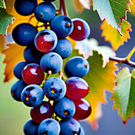 Ripe blue grapes on a vine in the vineyard in autumnの素材