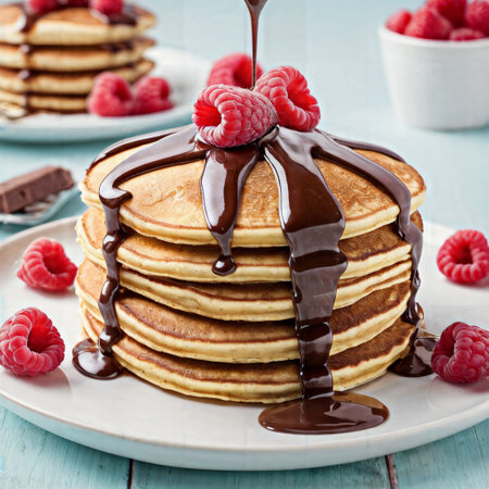 Pancakes with fresh raspberries and chocolate syrup, squareの素材