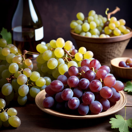 Bunch of grapes and bottle of wine on rustic wooden backgroundの素材