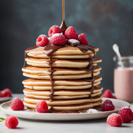 Stack of pancakes with fresh raspberries and chocolate syrup, selective focusの素材