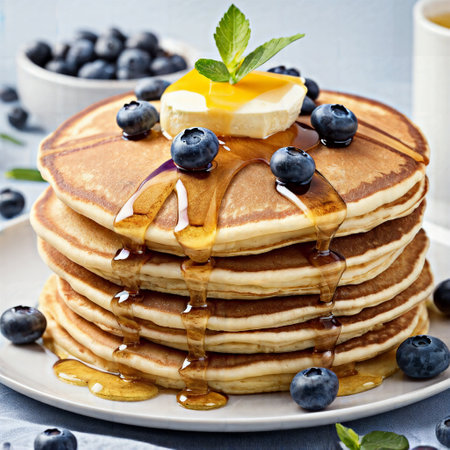 Pancakes with blueberries and honey. Selective focus.の素材
