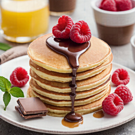 Pancakes with raspberries and chocolate, selective focus.の素材