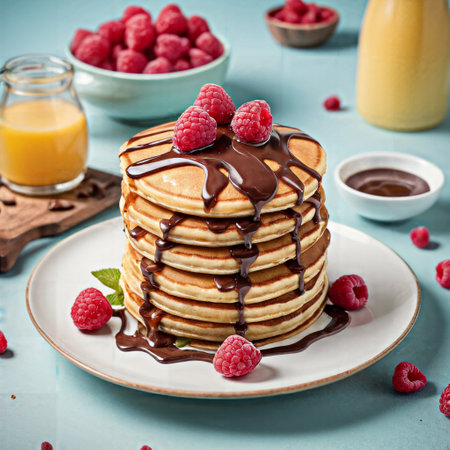 Pancakes with fresh raspberries and chocolate on a blue backgroundの素材