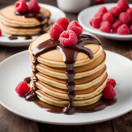 Pancakes with raspberries and chocolate sauce on wooden backgroundの素材