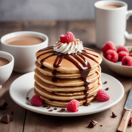 Stack of pancakes with raspberries and whipped cream on wooden tableの素材