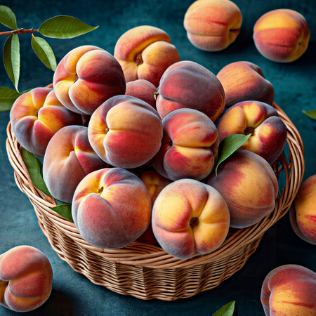 Fresh peaches in a wicker basket on a dark blue backgroundの素材