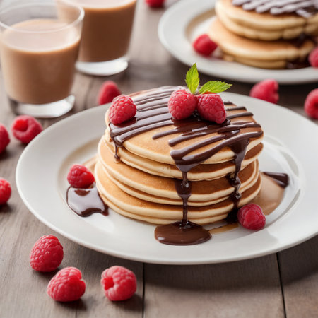 Pancakes with raspberries and chocolate sauce on wooden backgroundの素材