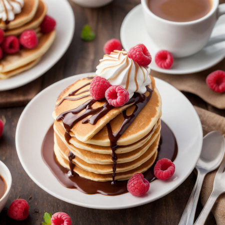 Pancakes with fresh raspberries and chocolate syrup on wooden backgroundの素材