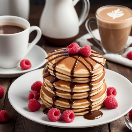Pancakes with raspberries and chocolate syrup on wooden backgroundの素材