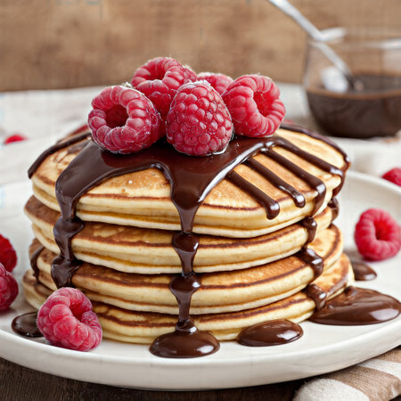 Pancakes with raspberries and chocolate on a wooden backgroundの素材