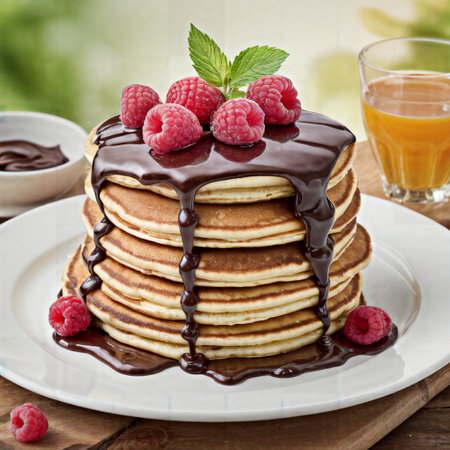Pancakes with fresh raspberries and chocolate syrup on wooden backgroundの素材