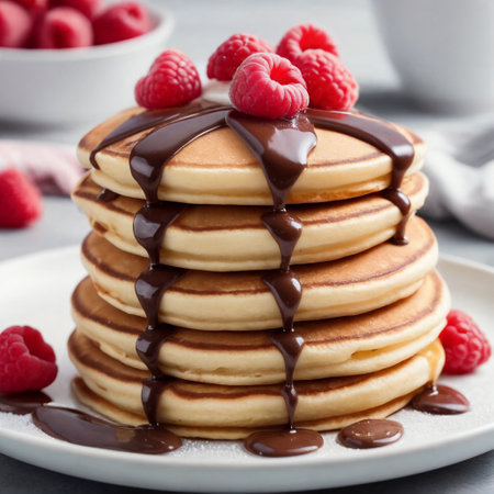 Stack of pancakes with raspberries and chocolate on a gray backgroundの素材