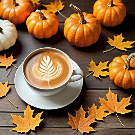 Coffee cup with latte art on autumn leaves and pumpkinsの素材