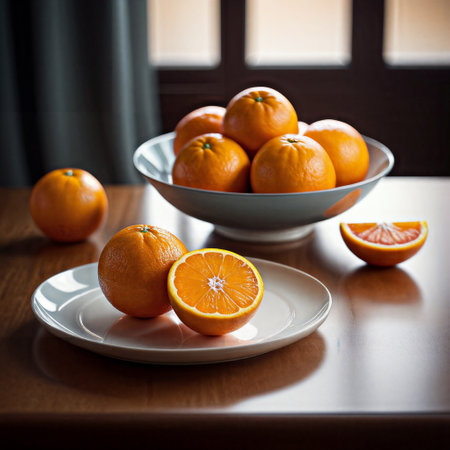 Oranges on a plate and a glass bowl on a wooden tableの素材