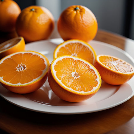 Fresh oranges on a white plate, close-up, selective focusの素材
