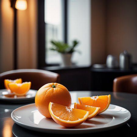 Sliced oranges on a white plate in a modern kitchen.の素材