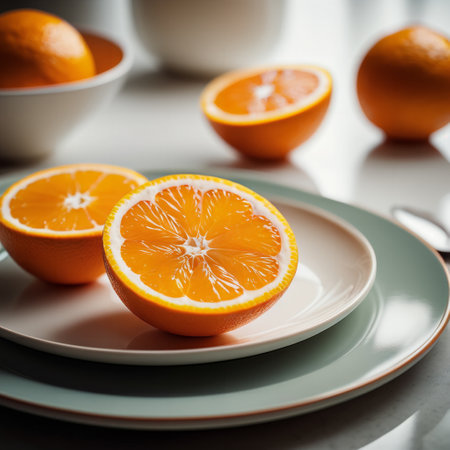 Fresh oranges on a white plate. Shallow depth of field.の素材