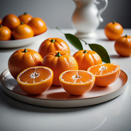 Fresh tangerines on a white background. Selective focus.の素材