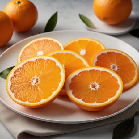 Slices of ripe juicy orange on a white plate, closeupの素材
