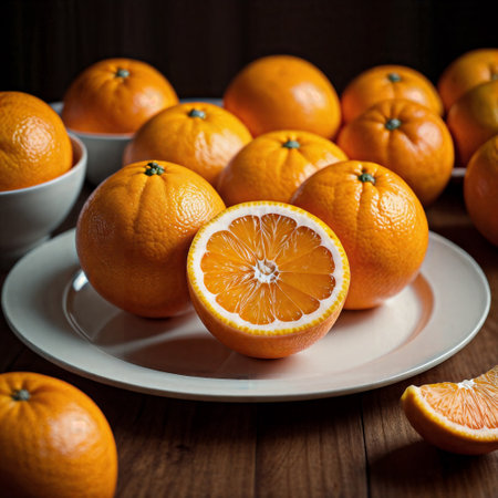 Oranges on a white plate on a wooden background. Selective focus.の素材