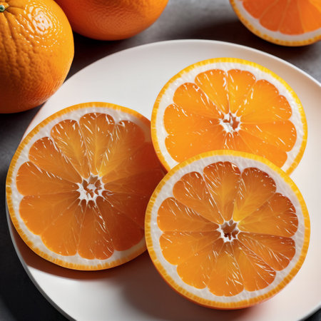 Slices of fresh orange on a white plate, closeupの素材