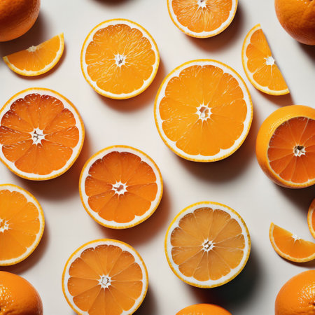 Slices of orange on a white background. Flat lay, top viewの素材
