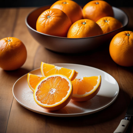 Oranges on a plate with a knife on a wooden table.の素材