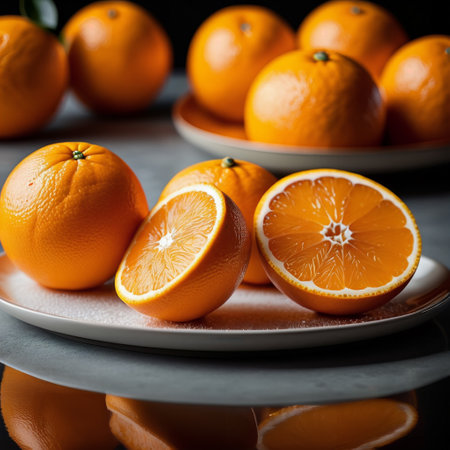 Oranges on a plate on a dark background. Toned.の素材