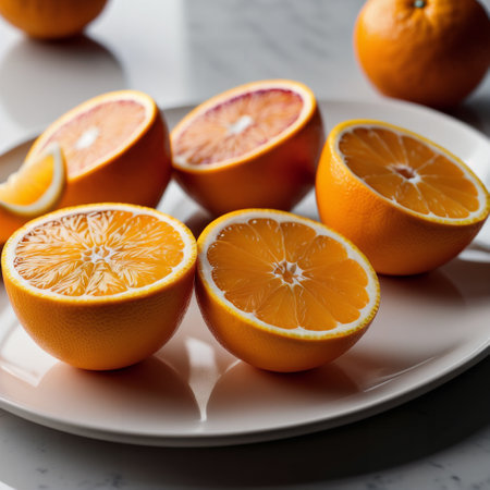 Slices of ripe orange on a white plate, selective focus.の素材