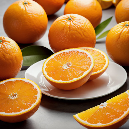 Fresh oranges with leaves on a black background. Selective focus.の素材