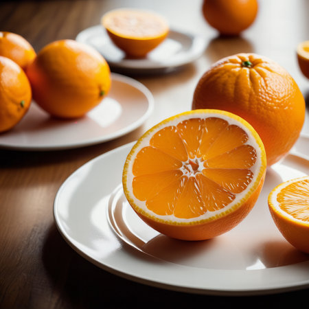 Slices of fresh orange on a white plate on a wooden tableの素材