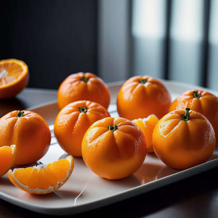 Fresh tangerines on a white plate. Selective focus.の素材