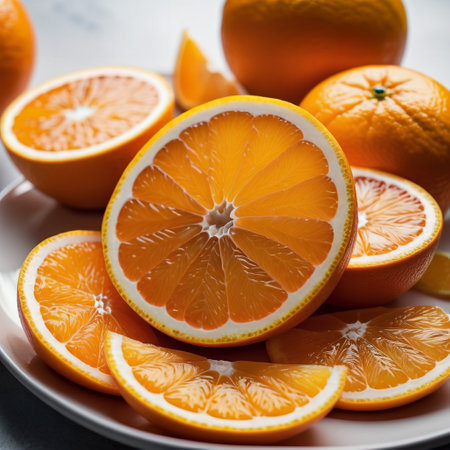 Slices of orange on a white plate, selective focus.の素材
